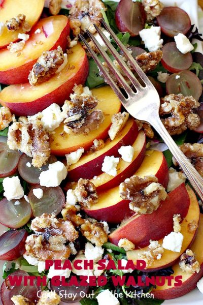 Peach Salad with Glazed Walnuts | Can't Stay Out of the Kitchen | this mouthwatering #salad includes fresh #peaches, #lemon #FetaCheese, #grapes & #GlazedWalnuts. It's terrific for company meals or entertaining. It has a delicious homemade #PeachVinaigrette. #GlutenFree #PeachSalad #PeachSaladWithGlazedWalnuts