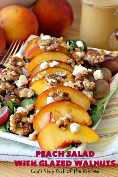 Peach Salad with Glazed Walnuts | Can't Stay Out of the Kitchen | this mouthwatering #salad includes fresh #peaches, #lemon #FetaCheese, #grapes & #GlazedWalnuts. It's terrific for company meals or entertaining. It has a delicious homemade #PeachVinaigrette. #GlutenFree #PeachSalad #PeachSaladWithGlazedWalnuts