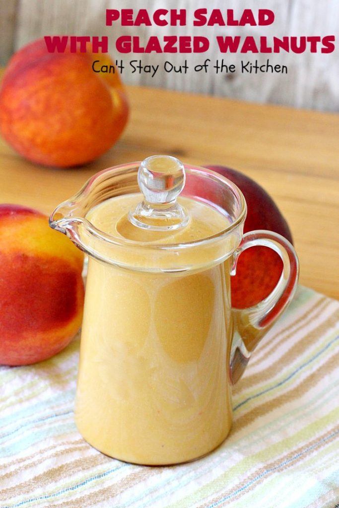 Peach Salad with Glazed Walnuts | Can't Stay Out of the Kitchen | this mouthwatering #salad includes fresh #peaches, #lemon #FetaCheese, #grapes & #GlazedWalnuts. It's terrific for company meals or entertaining. It has a delicious homemade #PeachVinaigrette. #GlutenFree #PeachSalad #PeachSaladWithGlazedWalnuts
