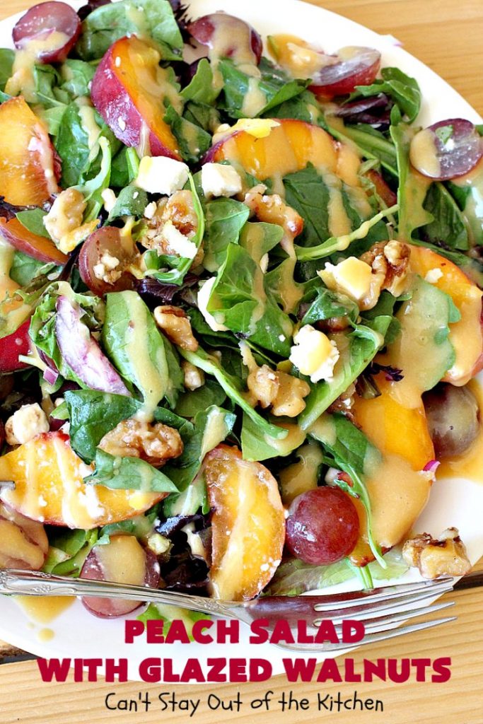 Peach Salad with Glazed Walnuts | Can't Stay Out of the Kitchen | this mouthwatering #salad includes fresh #peaches, #lemon #FetaCheese, #grapes & #GlazedWalnuts. It's terrific for company meals or entertaining. It has a delicious homemade #PeachVinaigrette. #GlutenFree #PeachSalad #PeachSaladWithGlazedWalnuts