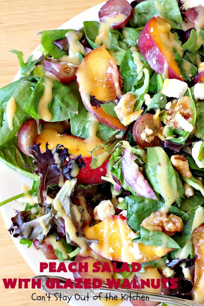 Peach Salad with Glazed Walnuts | Can't Stay Out of the Kitchen | this mouthwatering #salad includes fresh #peaches, #lemon #FetaCheese, #grapes & #GlazedWalnuts. It's terrific for company meals or entertaining. It has a delicious homemade #PeachVinaigrette. #GlutenFree #PeachSalad #PeachSaladWithGlazedWalnuts