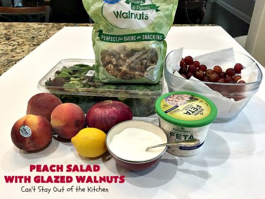 Peach Salad with Glazed Walnuts | Can't Stay Out of the Kitchen | this mouthwatering #salad includes fresh #peaches, #lemon #FetaCheese, #grapes & #GlazedWalnuts. It's terrific for company meals or entertaining. It has a delicious homemade #PeachVinaigrette. #GlutenFree #PeachSalad #PeachSaladWithGlazedWalnuts