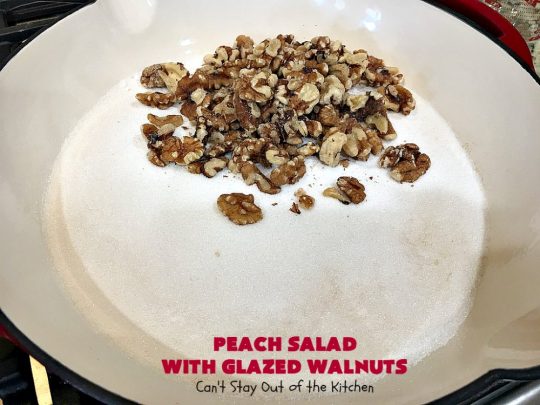 Peach Salad with Glazed Walnuts | Can't Stay Out of the Kitchen | this mouthwatering #salad includes fresh #peaches, #lemon #FetaCheese, #grapes & #GlazedWalnuts. It's terrific for company meals or entertaining. It has a delicious homemade #PeachVinaigrette. #GlutenFree #PeachSalad #PeachSaladWithGlazedWalnuts