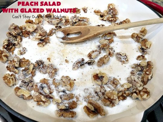 Peach Salad with Glazed Walnuts | Can't Stay Out of the Kitchen | this mouthwatering #salad includes fresh #peaches, #lemon #FetaCheese, #grapes & #GlazedWalnuts. It's terrific for company meals or entertaining. It has a delicious homemade #PeachVinaigrette. #GlutenFree #PeachSalad #PeachSaladWithGlazedWalnuts