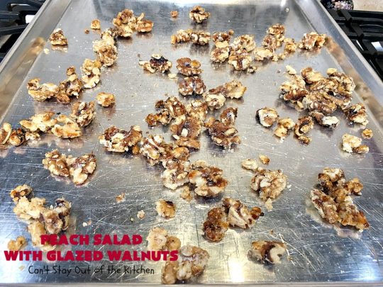 Peach Salad with Glazed Walnuts | Can't Stay Out of the Kitchen | this mouthwatering #salad includes fresh #peaches, #lemon #FetaCheese, #grapes & #GlazedWalnuts. It's terrific for company meals or entertaining. It has a delicious homemade #PeachVinaigrette. #GlutenFree #PeachSalad #PeachSaladWithGlazedWalnuts