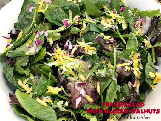 Peach Salad with Glazed Walnuts | Can't Stay Out of the Kitchen | this mouthwatering #salad includes fresh #peaches, #lemon #FetaCheese, #grapes & #GlazedWalnuts. It's terrific for company meals or entertaining. It has a delicious homemade #PeachVinaigrette. #GlutenFree #PeachSalad #PeachSaladWithGlazedWalnuts