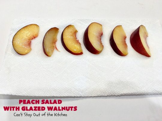 Peach Salad with Glazed Walnuts | Can't Stay Out of the Kitchen | this mouthwatering #salad includes fresh #peaches, #lemon #FetaCheese, #grapes & #GlazedWalnuts. It's terrific for company meals or entertaining. It has a delicious homemade #PeachVinaigrette. #GlutenFree #PeachSalad #PeachSaladWithGlazedWalnuts