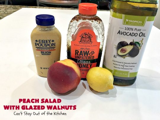 Peach Salad with Glazed Walnuts | Can't Stay Out of the Kitchen | this mouthwatering #salad includes fresh #peaches, #lemon #FetaCheese, #grapes & #GlazedWalnuts. It's terrific for company meals or entertaining. It has a delicious homemade #PeachVinaigrette. #GlutenFree #PeachSalad #PeachSaladWithGlazedWalnuts
