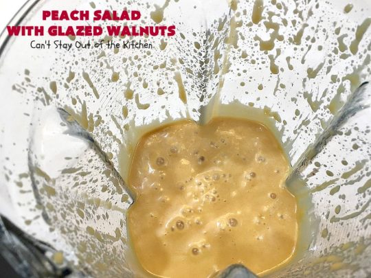 Peach Salad with Glazed Walnuts | Can't Stay Out of the Kitchen | this mouthwatering #salad includes fresh #peaches, #lemon #FetaCheese, #grapes & #GlazedWalnuts. It's terrific for company meals or entertaining. It has a delicious homemade #PeachVinaigrette. #GlutenFree #PeachSalad #PeachSaladWithGlazedWalnuts