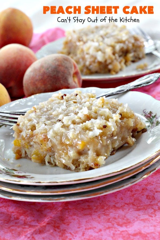 Peach Sheet Cake | Can't Stay Out of the Kitchen | this is such a decadent and delicious cake. It's made with fresh #peaches & has a #coconut #walnut frosting. Great #dessert for summer or #LaborDay parties.
