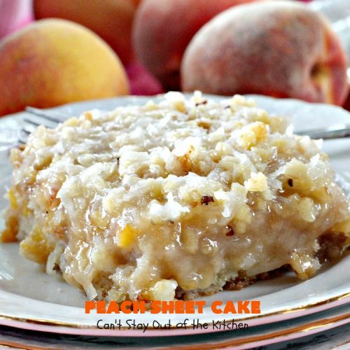Peach Sheet Cake | Can't Stay Out of the Kitchen | this is such a decadent and delicious cake. It's made with fresh #peaches & has a #coconut #walnut frosting. Great #dessert for summer or #LaborDay parties.