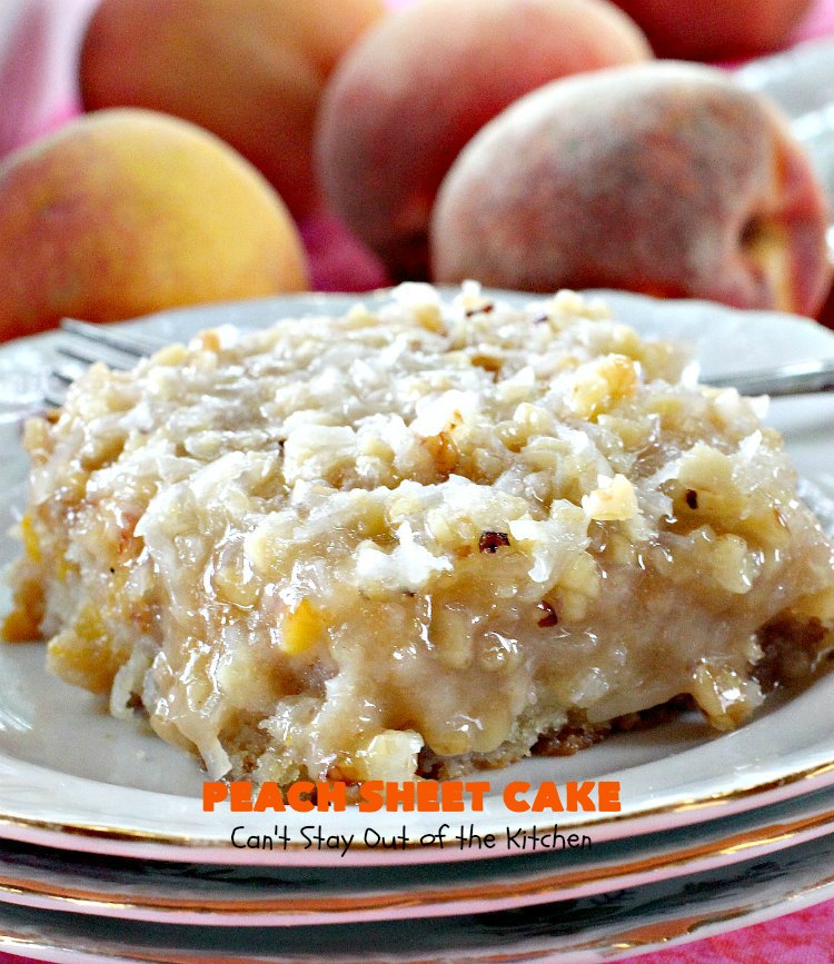 Peach Sheet Cake | Can't Stay Out of the Kitchen | this is such a decadent and delicious cake. It's made with fresh #peaches & has a #coconut #walnut frosting. Great #dessert for summer or #LaborDay parties.