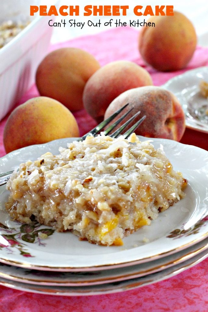 Peach Sheet Cake | Can't Stay Out of the Kitchen | this is such a decadent and delicious cake. It's made with fresh #peaches & has a #coconut #walnut frosting. Great #dessert for summer or #LaborDay parties.