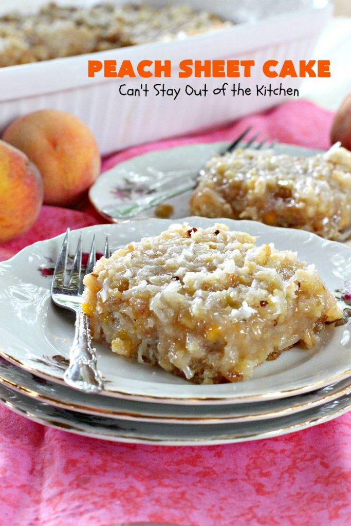 Peach Sheet Cake | Can't Stay Out of the Kitchen | this is such a decadent and delicious cake. It's made with fresh #peaches & has a #coconut #walnut frosting. Great #dessert for summer or #LaborDay parties.