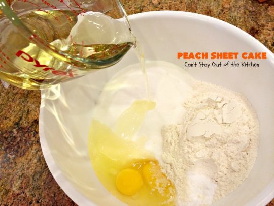 Peach Sheet Cake | Can't Stay Out of the Kitchen | this is such a decadent and delicious cake. It's made with fresh #peaches & has a #coconut #walnut frosting. Great #dessert for summer or #LaborDay parties.