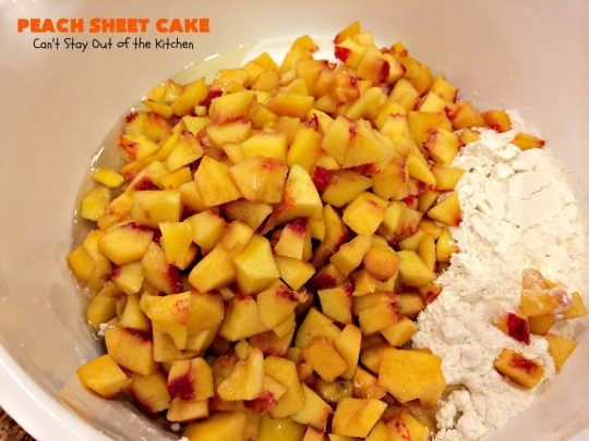 Peach Sheet Cake | Can't Stay Out of the Kitchen | this is such a decadent and delicious cake. It's made with fresh #peaches & has a #coconut #walnut frosting. Great #dessert for summer or #LaborDay parties.