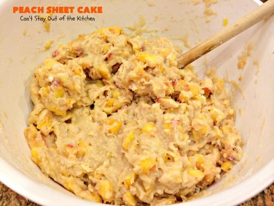 Peach Sheet Cake | Can't Stay Out of the Kitchen | this is such a decadent and delicious cake. It's made with fresh #peaches & has a #coconut #walnut frosting. Great #dessert for summer or #LaborDay parties.