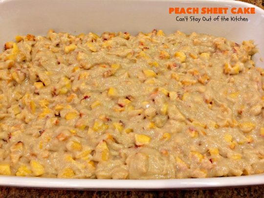 Peach Sheet Cake | Can't Stay Out of the Kitchen | this is such a decadent and delicious cake. It's made with fresh #peaches & has a #coconut #walnut frosting. Great #dessert for summer or #LaborDay parties.