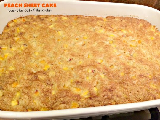 Peach Sheet Cake | Can't Stay Out of the Kitchen | this is such a decadent and delicious cake. It's made with fresh #peaches & has a #coconut #walnut frosting. Great #dessert for summer or #LaborDay parties.
