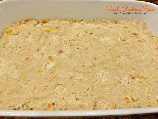 Peach Shortbread Bars | Can't Stay Out of the Kitchen | lovely #shortbread texture with #peaches #lemon and #cinnamon. The icing makes these #blondies sensational. #dessert #cookie