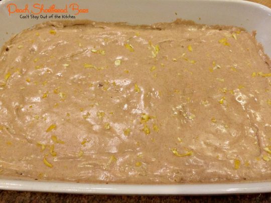 Peach Shortbread Bars | Can't Stay Out of the Kitchen | lovely #shortbread texture with #peaches #lemon and #cinnamon. The icing makes these #blondies sensational. #dessert #cookie
