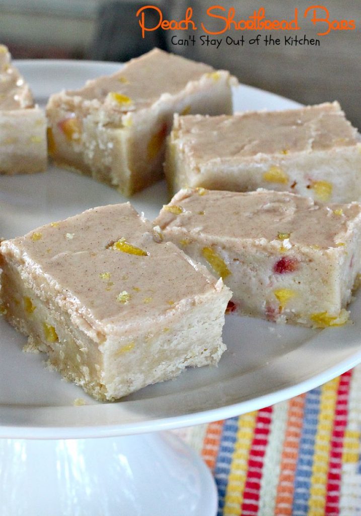 Peach Shortbread Bars | Can't Stay Out of the Kitchen | lovely #shortbread texture with #peaches #lemon and #cinnamon. The icing makes these #blondies sensational. #dessert #cookie