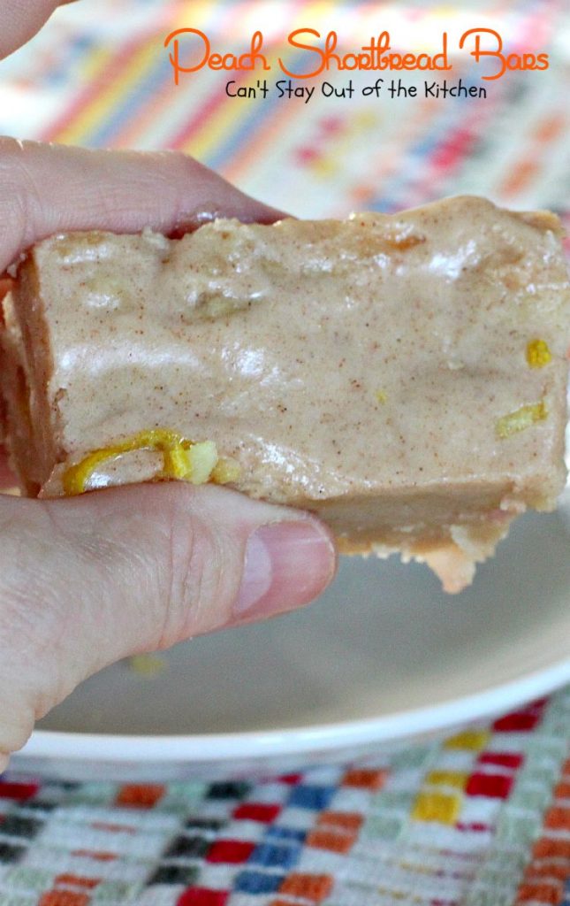 Peach Shortbread Bars | Can't Stay Out of the Kitchen | lovely #shortbread texture with #peaches #lemon and #cinnamon. The icing makes these #blondies sensational. #dessert #cookie
