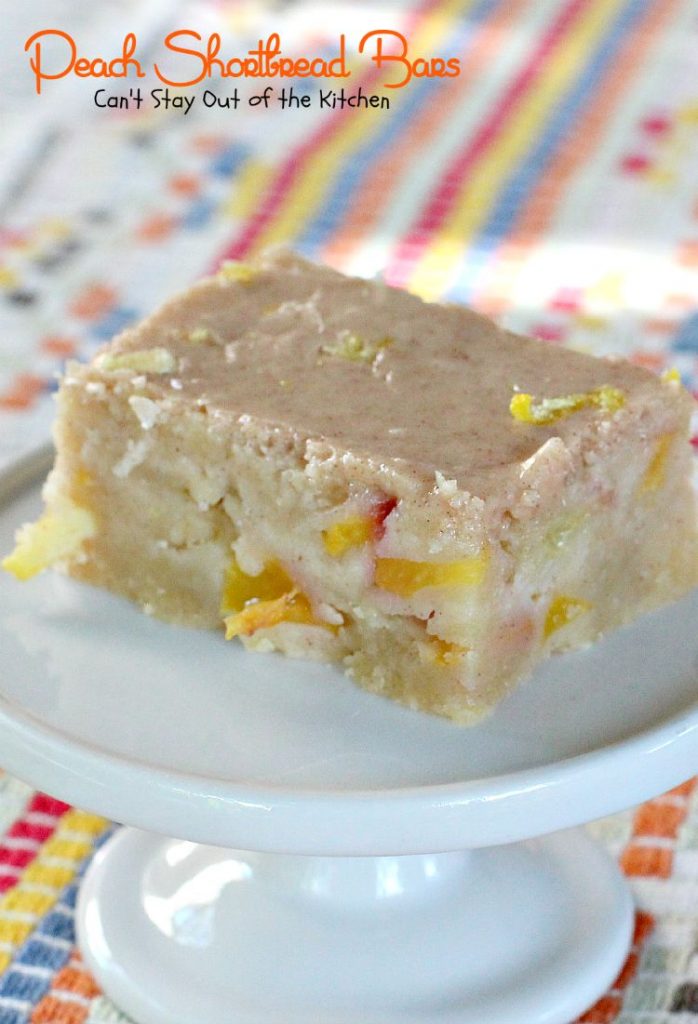 Peach Shortbread Bars | Can't Stay Out of the Kitchen | lovely #shortbread texture with #peaches #lemon and #cinnamon. The icing makes these #blondies sensational. #dessert #cookie