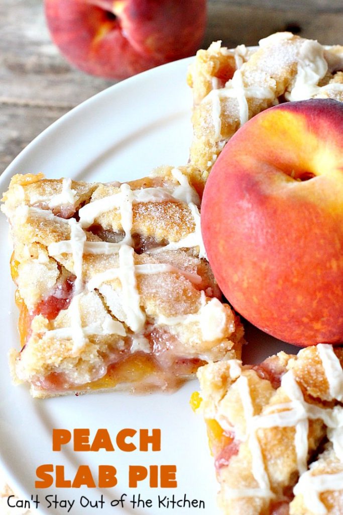 Peach Slab Pie | Can't Stay Out of the Kitchen | This #peachpie #recipe is spectacular. It's the perfect treat for #summer #holiday fun or #fall baking when fresh #peaches are still in season. Everyone raved over this #dessert. #peachdessert #CANbassador #WashingtonStateFruitCommission #WashingtonStateStoneFruitGrowers