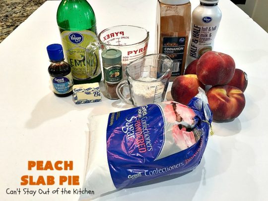 Peach Slab Pie | Can't Stay Out of the Kitchen | This #peachpie #recipe is spectacular. It's the perfect treat for #summer #holiday fun or #fall baking when fresh #peaches are still in season. Everyone raved over this #dessert. #peachdessert #CANbassador #WashingtonStateFruitCommission #WashingtonStateStoneFruitGrowers