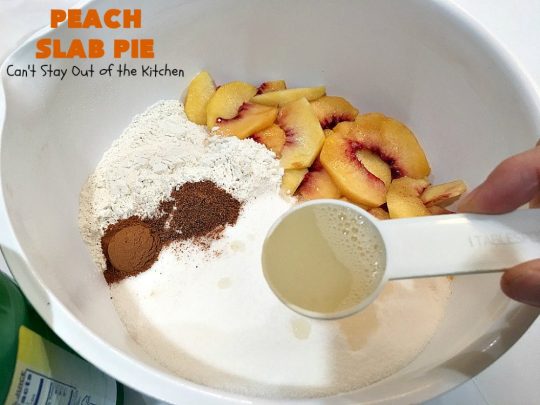 Peach Slab Pie | Can't Stay Out of the Kitchen | This #peachpie #recipe is spectacular. It's the perfect treat for #summer #holiday fun or #fall baking when fresh #peaches are still in season. Everyone raved over this #dessert. #peachdessert #CANbassador #WashingtonStateFruitCommission #WashingtonStateStoneFruitGrowers