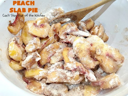 Peach Slab Pie | Can't Stay Out of the Kitchen | This #peachpie #recipe is spectacular. It's the perfect treat for #summer #holiday fun or #fall baking when fresh #peaches are still in season. Everyone raved over this #dessert. #peachdessert #CANbassador #WashingtonStateFruitCommission #WashingtonStateStoneFruitGrowers