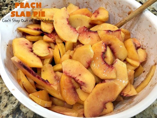 Peach Slab Pie | Can't Stay Out of the Kitchen | This #peachpie #recipe is spectacular. It's the perfect treat for #summer #holiday fun or #fall baking when fresh #peaches are still in season. Everyone raved over this #dessert. #peachdessert #CANbassador #WashingtonStateFruitCommission #WashingtonStateStoneFruitGrowers