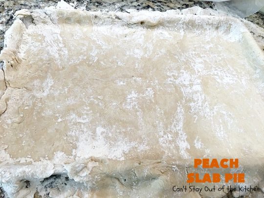 Peach Slab Pie | Can't Stay Out of the Kitchen | This #peachpie #recipe is spectacular. It's the perfect treat for #summer #holiday fun or #fall baking when fresh #peaches are still in season. Everyone raved over this #dessert. #peachdessert #CANbassador #WashingtonStateFruitCommission #WashingtonStateStoneFruitGrowers