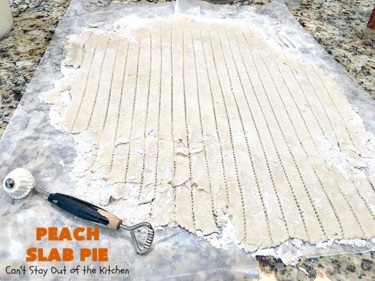 Peach Slab Pie | Can't Stay Out of the Kitchen | This #peachpie #recipe is spectacular. It's the perfect treat for #summer #holiday fun or #fall baking when fresh #peaches are still in season. Everyone raved over this #dessert. #peachdessert #CANbassador #WashingtonStateFruitCommission #WashingtonStateStoneFruitGrowers