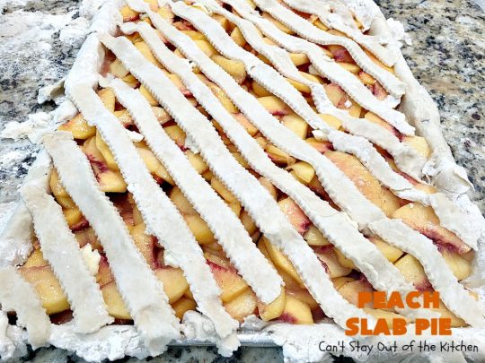 Peach Slab Pie | Can't Stay Out of the Kitchen | This #peachpie #recipe is spectacular. It's the perfect treat for #summer #holiday fun or #fall baking when fresh #peaches are still in season. Everyone raved over this #dessert. #peachdessert #CANbassador #WashingtonStateFruitCommission #WashingtonStateStoneFruitGrowers