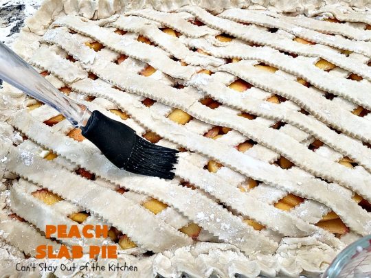 Peach Slab Pie | Can't Stay Out of the Kitchen | This #peachpie #recipe is spectacular. It's the perfect treat for #summer #holiday fun or #fall baking when fresh #peaches are still in season. Everyone raved over this #dessert. #peachdessert #CANbassador #WashingtonStateFruitCommission #WashingtonStateStoneFruitGrowers