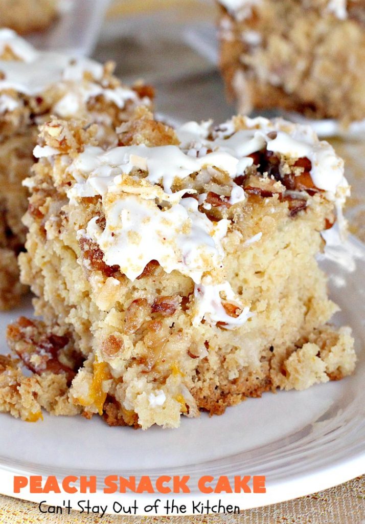 Peach Snack Cake | Can't Stay Out of the Kitchen | this has always been one of our favorite #cake recipes. It's great as a #coffeecake for #breakfast or serve for #dessert. #Peaches