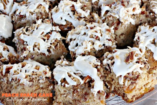 Peach Snack Cake | Can't Stay Out of the Kitchen | this has always been one of our favorite #cake recipes. It's great as a #coffeecake for #breakfast or serve for #dessert. #Peaches