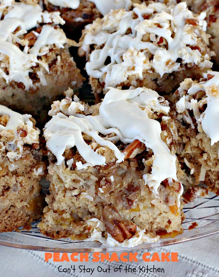 Peach Snack Cake | Can't Stay Out of the Kitchen | this has always been one of our favorite #cake recipes. It's great as a #coffeecake for #breakfast or serve for #dessert. #Peaches
