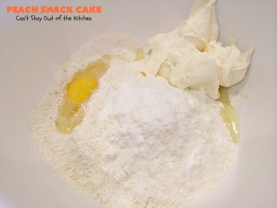 Peach Snack Cake | Can't Stay Out of the Kitchen | this has always been one of our favorite #cake recipes. It's great as a #coffeecake for #breakfast or serve for #dessert. #Peaches