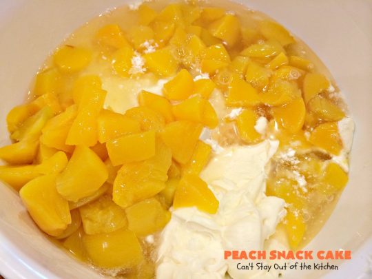 Peach Snack Cake | Can't Stay Out of the Kitchen | this has always been one of our favorite #cake recipes. It's great as a #coffeecake for #breakfast or serve for #dessert. #Peaches