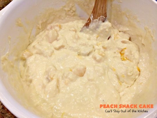 Peach Snack Cake | Can't Stay Out of the Kitchen | this has always been one of our favorite #cake recipes. It's great as a #coffeecake for #breakfast or serve for #dessert. #Peaches