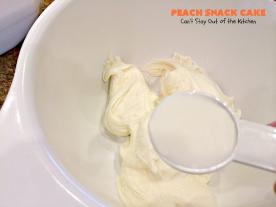 Peach Snack Cake | Can't Stay Out of the Kitchen | this has always been one of our favorite #cake recipes. It's great as a #coffeecake for #breakfast or serve for #dessert. #Peaches