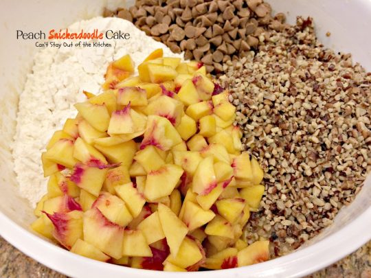 Peach Snickerdoodle Cake | Can't Stay Out of the Kitchen | this #cake is awesome! #peaches #cinnamonchips #pecans & a wonderful #caramel glaze. #dessert