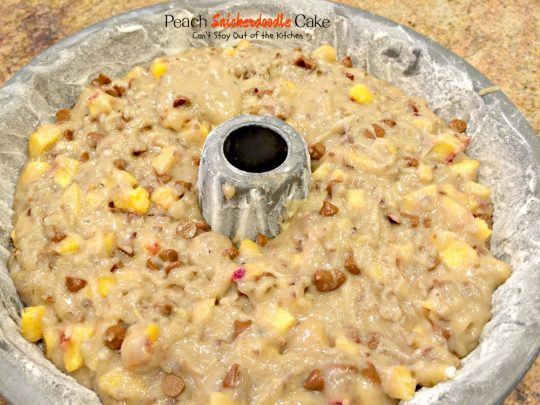 Peach Snickerdoodle Cake | Can't Stay Out of the Kitchen | this #cake is awesome! #peaches #cinnamonchips #pecans & a wonderful #caramel glaze. #dessert
