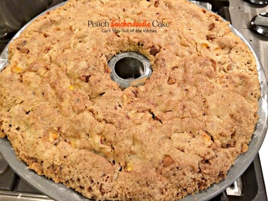 Peach Snickerdoodle Cake | Can't Stay Out of the Kitchen | this #cake is awesome! #peaches #cinnamonchips #pecans & a wonderful #caramel glaze. #dessert