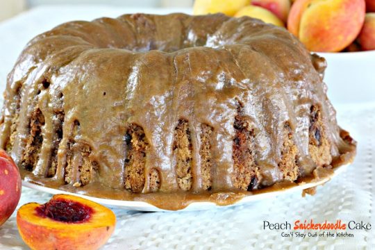 Peach Snickerdoodle Cake | Can't Stay Out of the Kitchen | this #cake is awesome! #peaches #cinnamonchips #pecans & a wonderful #caramel glaze. #dessert