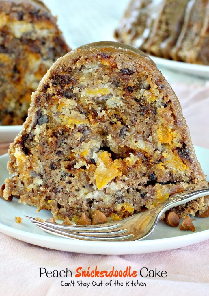 Peach Snickerdoodle Cake | Can't Stay Out of the Kitchen | this #cake is awesome! #peaches #cinnamonchips #pecans & a wonderful #caramel glaze. #dessert