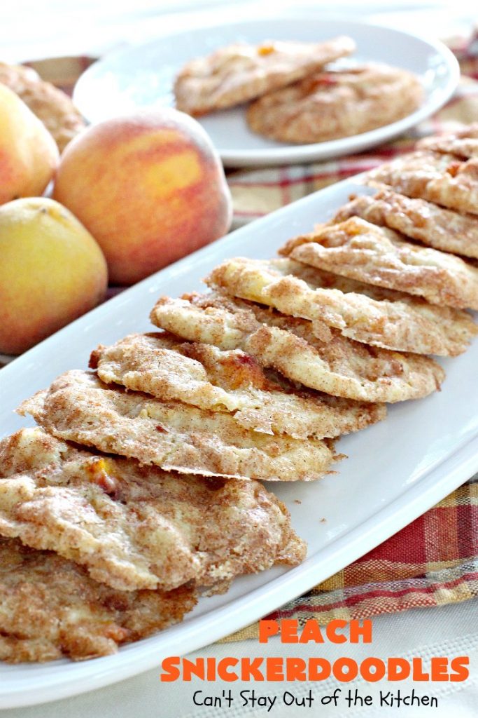Peach Snickerdoodles | Can't Stay Out of the Kitchen | these amazing #cookies can't be beat! #Peaches & #snickerdoodles go so well together. This is the perfect summer #dessert. #cinnamon